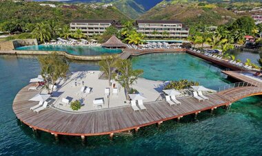 View of the resort from the Tahiti lagoon looking back toward the island.